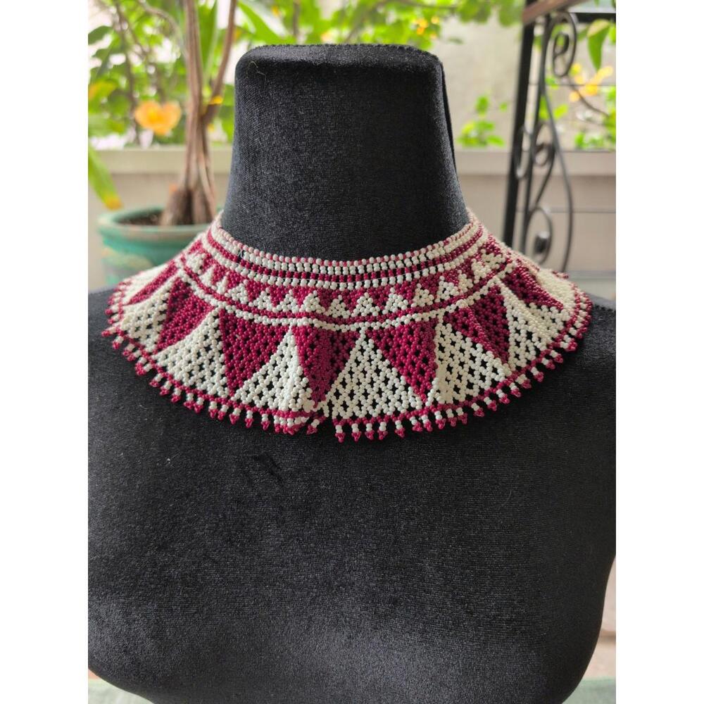 African Beaded Ceremonial Collar Necklace Red White Tribal Statement